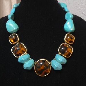 Chico's Turquoise & Amber Bead Statement Necklace